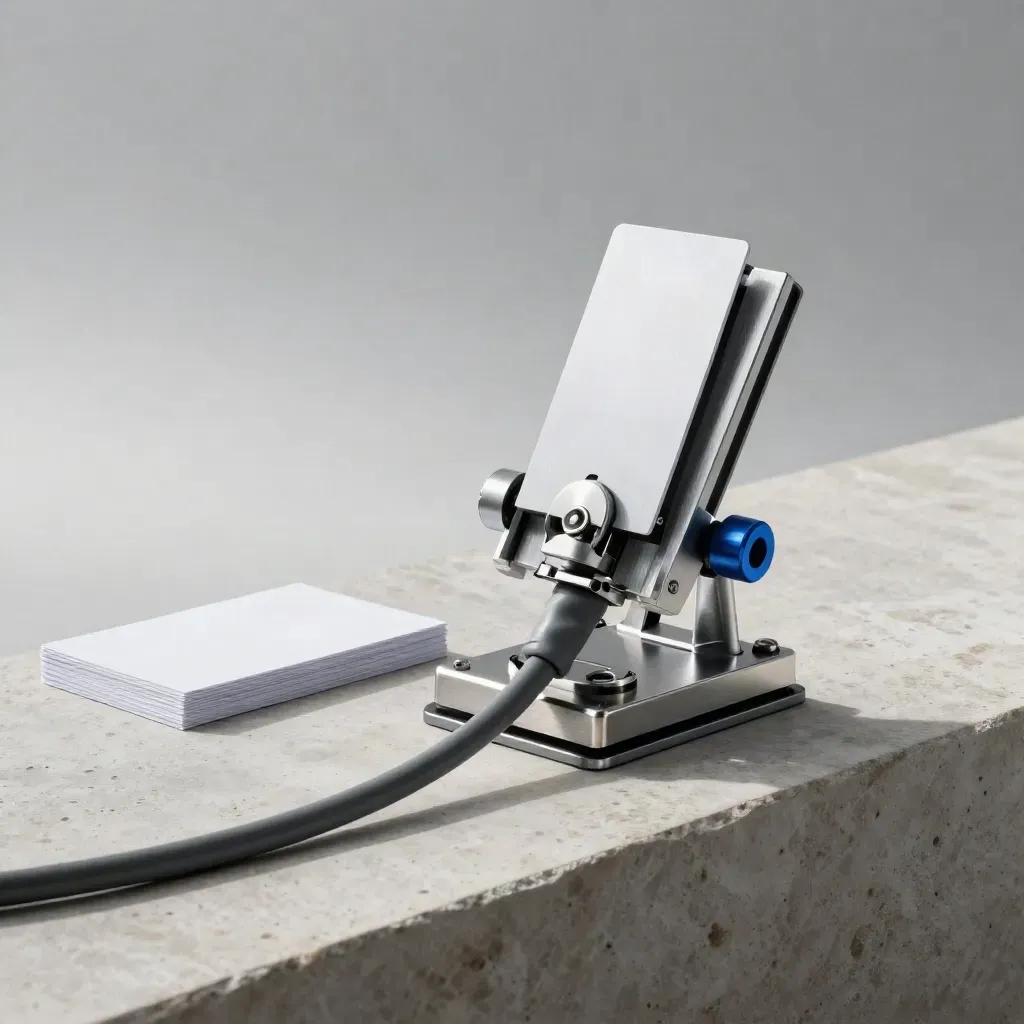 Workflow hub, cable loops, task cards and clamp rail on pale stone in soft daylight.