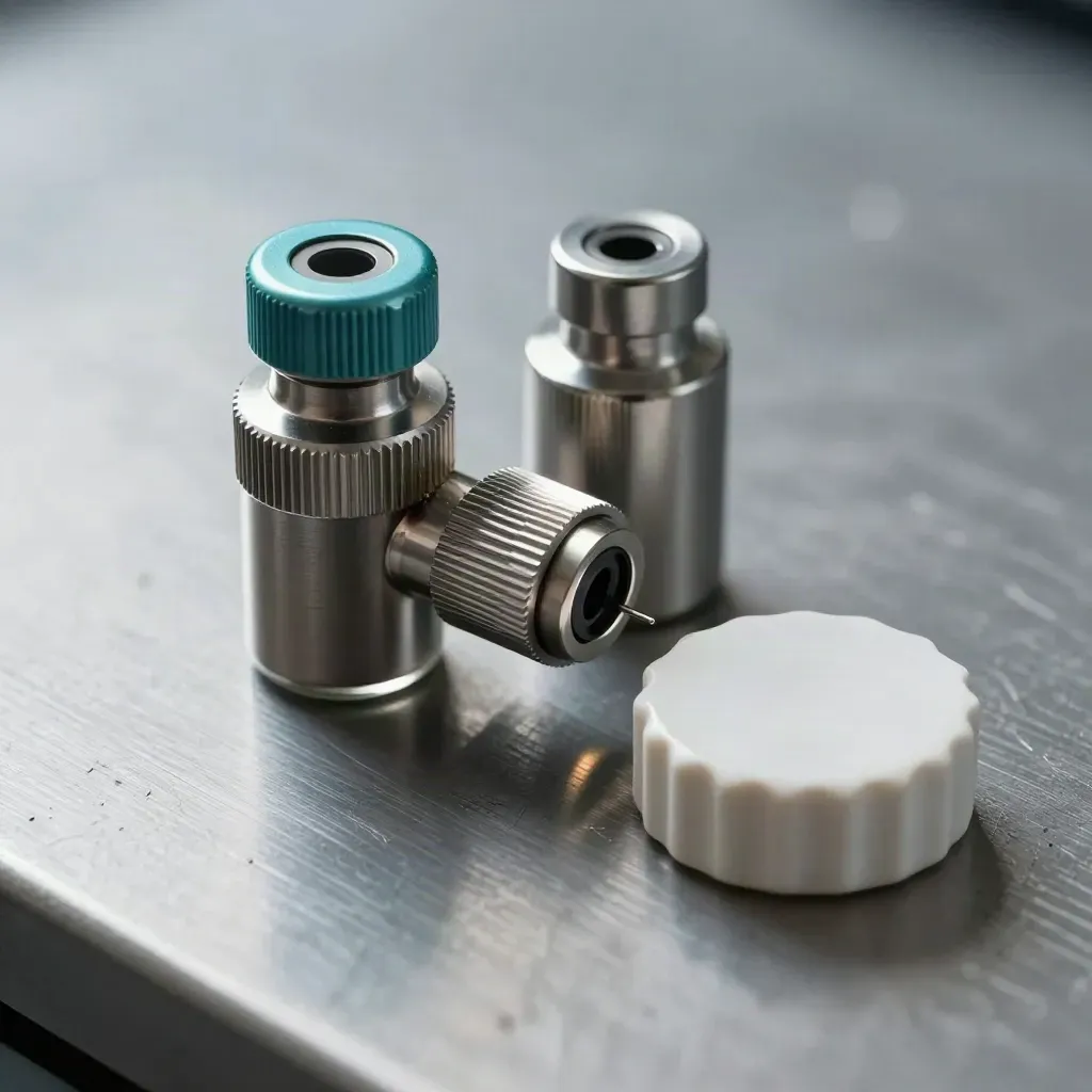 Anodized sample vials, a knurled connector, and a ceramic puck on brushed metal in dramatic studio light