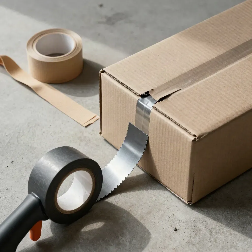 Top-down tape gun sealing a box corner beside a kraft strap roll on concrete