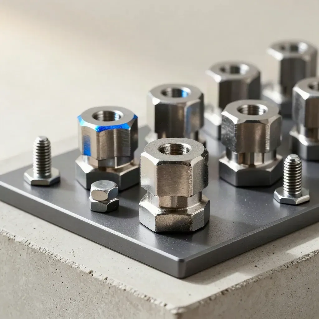 Steel couplers and graphite fixture plate on pale concrete with a blue accent