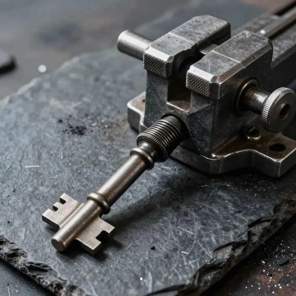 Signal key, coupling pin, and pin vise on dark stone in cool depot light