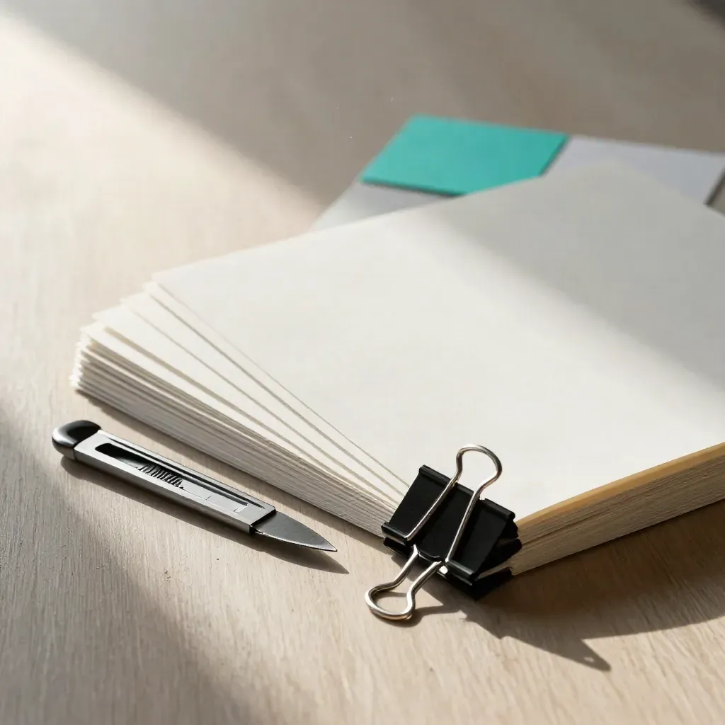 Paper swatch fan, binder clips, and utility knife on pale wood in dramatic studio light.