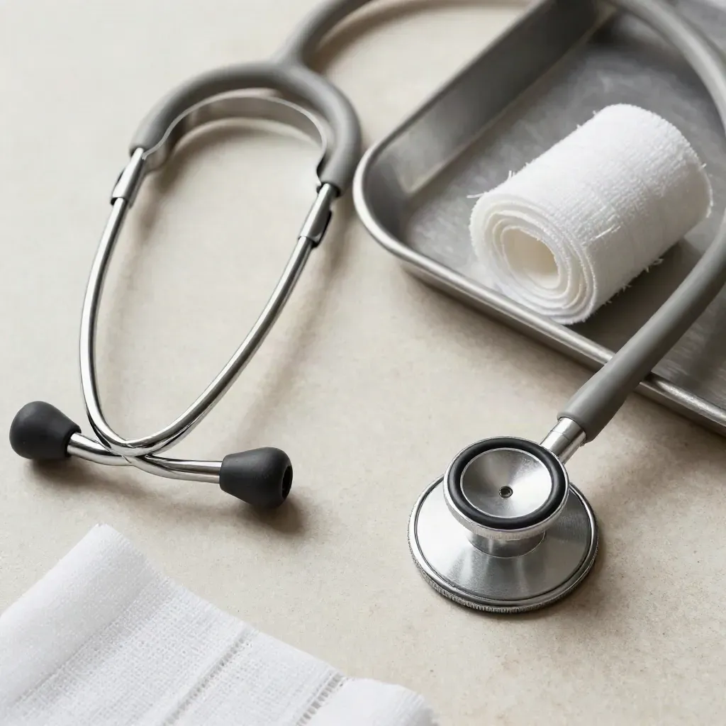 Stethoscope, pill splitter and gauze on a pale stone surface in a clinical still life