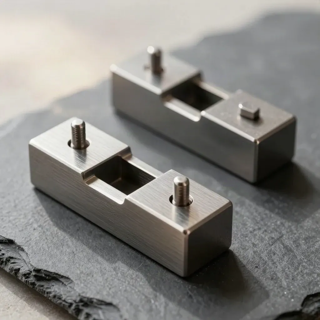 Macro of metal routing blocks joining with a tiny bridge on a graphite surface.