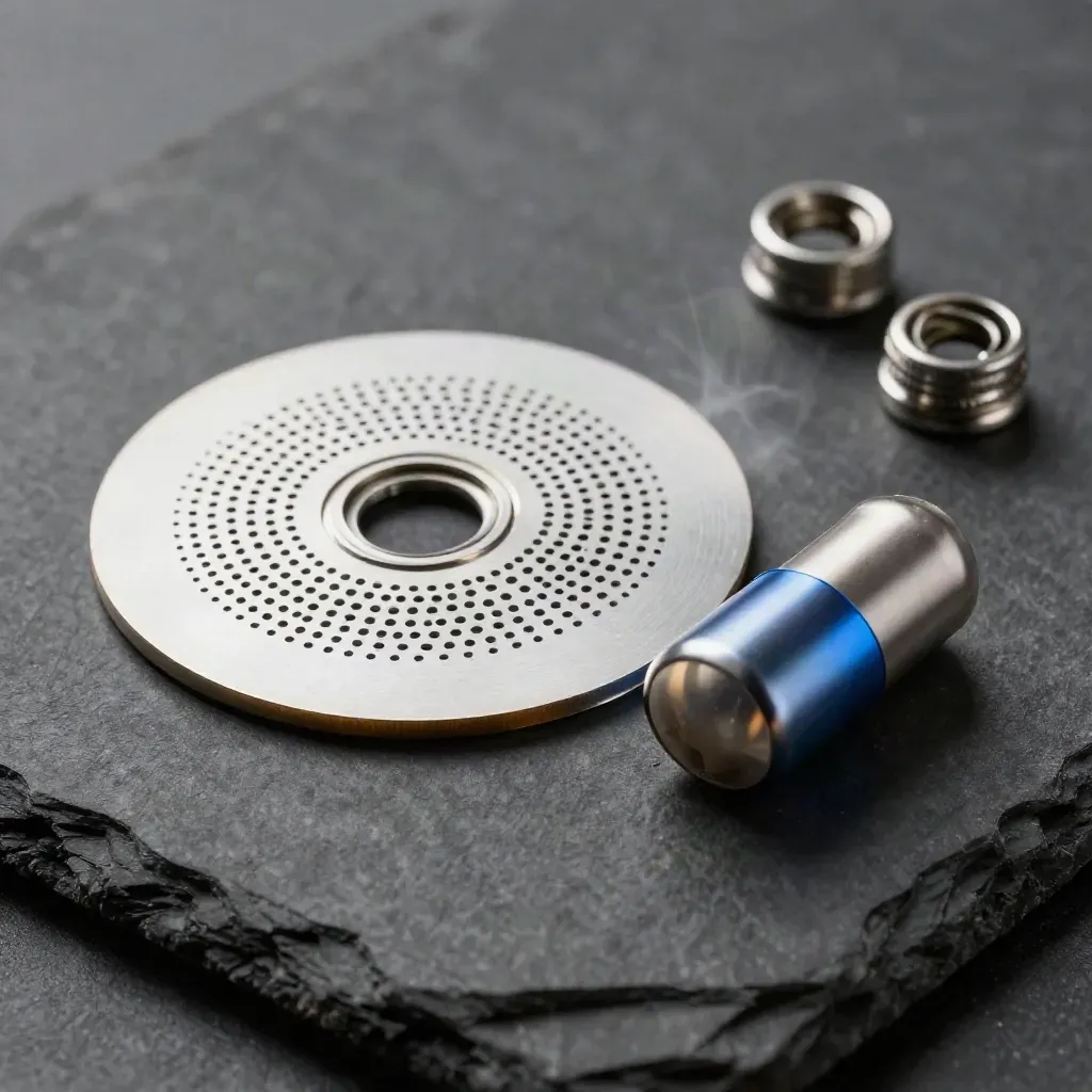 Voice recorder capsule with grille disk and cable ferrules on dark stone, side-lit macro