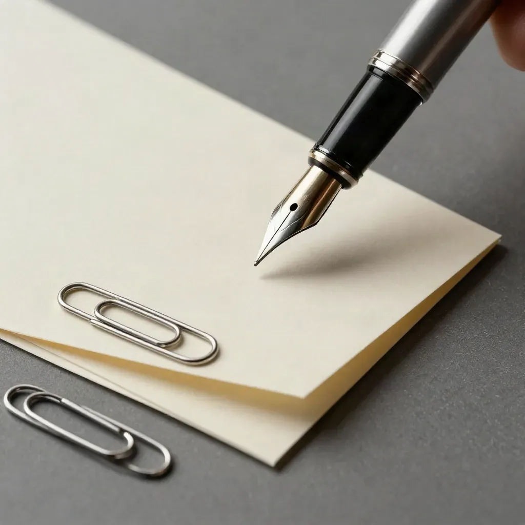 Top-down still life of a pen nib above a folded cream card with two paper clips on pale stock.