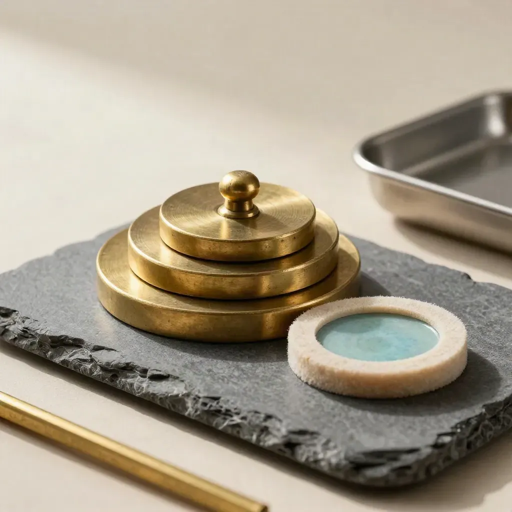 Nested brass calibration weights on graphite stone, lit by soft daylight.