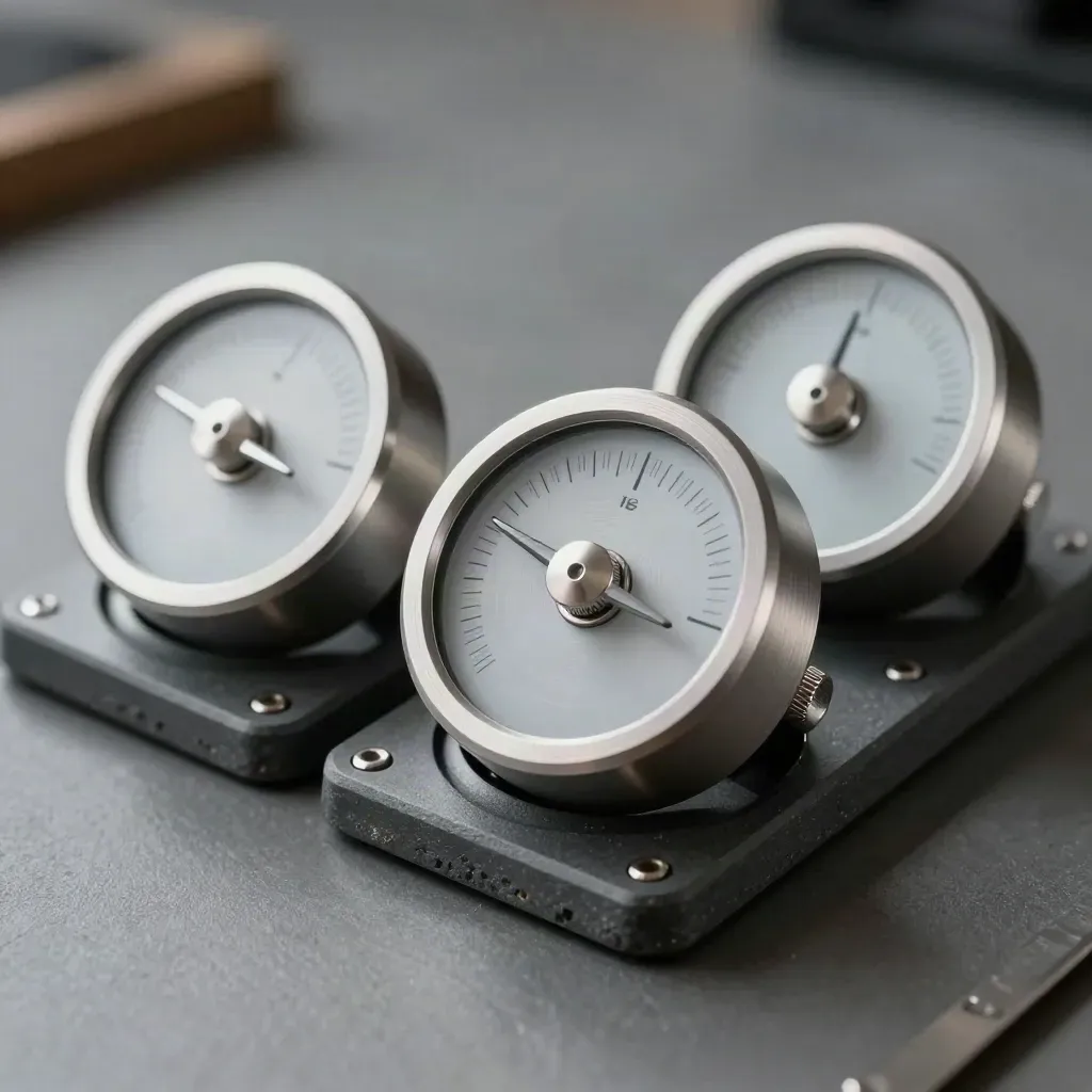 Three brushed-metal status pucks with frosted arcs and a knurled knob on a graphite surface.