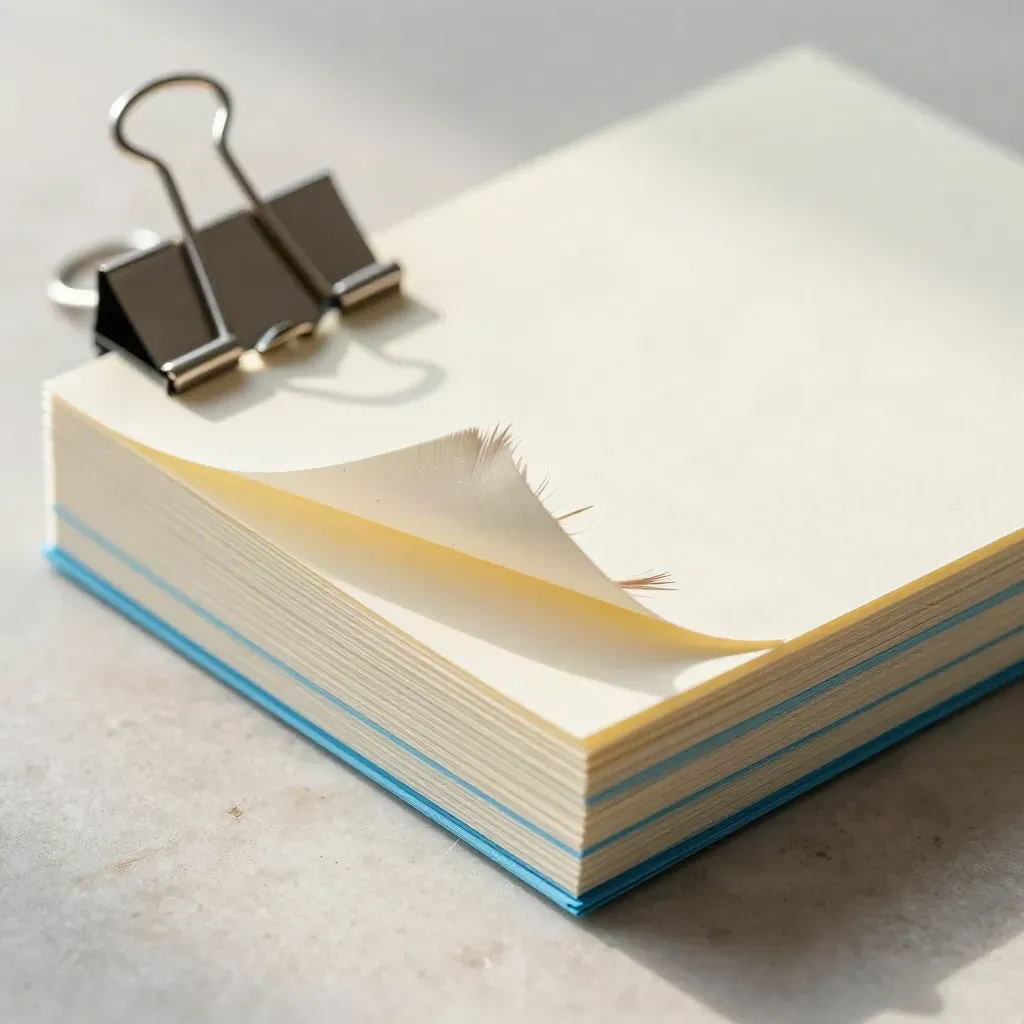 Stack of note cards clipped on pale stone, one card flipping in soft light