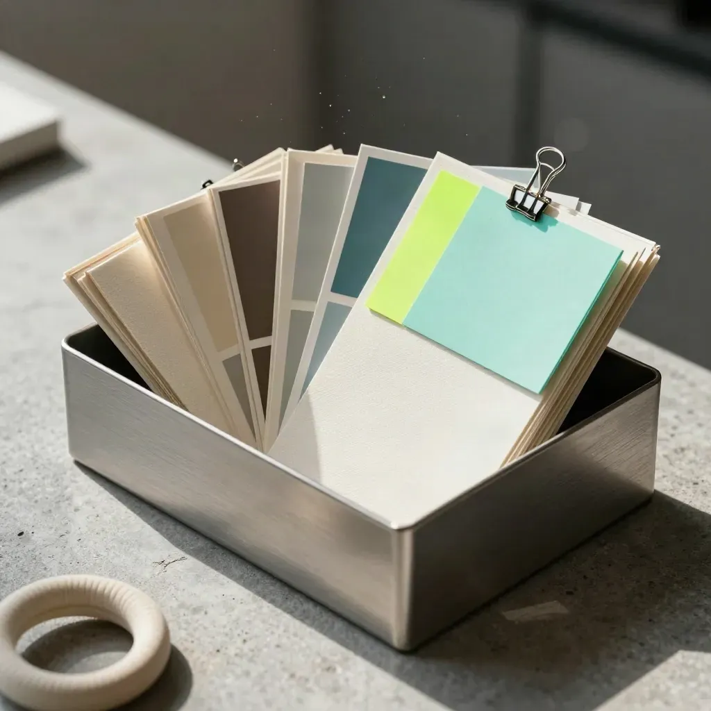 Top-down still life of sample binders, proofing clips, color chips, and a metal mail tray.