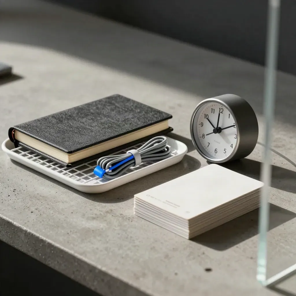 Startup desk still life with timer, wire tray, notebook stack, cable ties, seen through blurred acrylic.