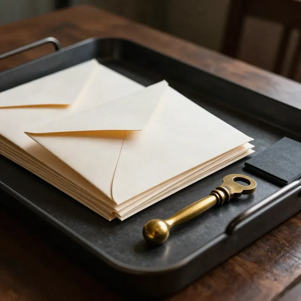 Black inbox tray with sealed envelopes and brass opener on walnut in dramatic studio light.
