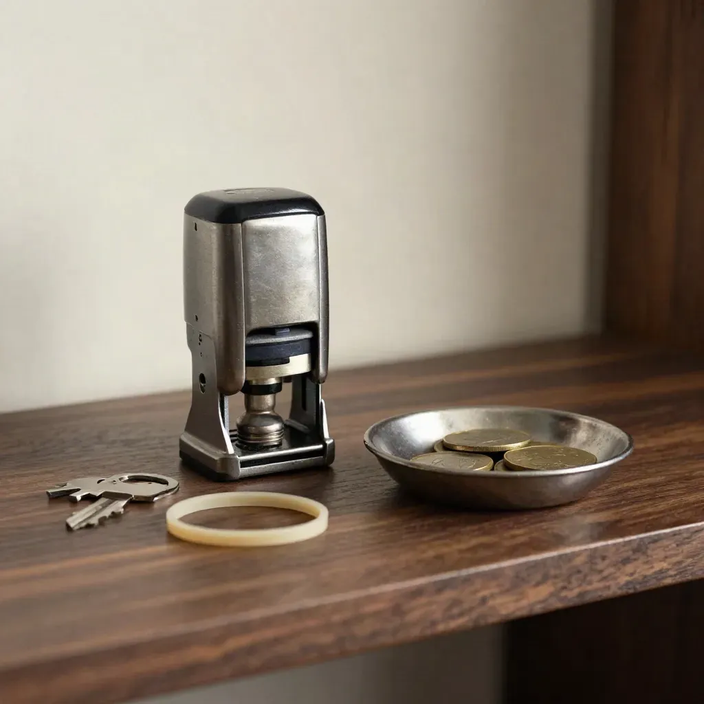Receipt stamp, coin dish, key ring, and rubber bands on walnut shelf in dramatic soft light.