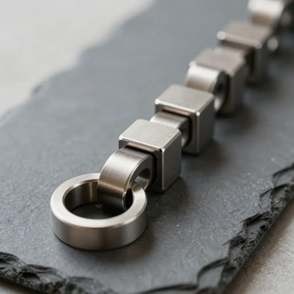 Top-down macro of linked metal rings and modular blocks on graphite stone with soft light.