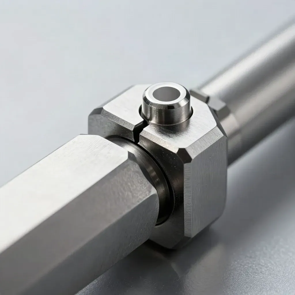 Machined metal parts interlocking on brushed steel in dramatic workshop light.