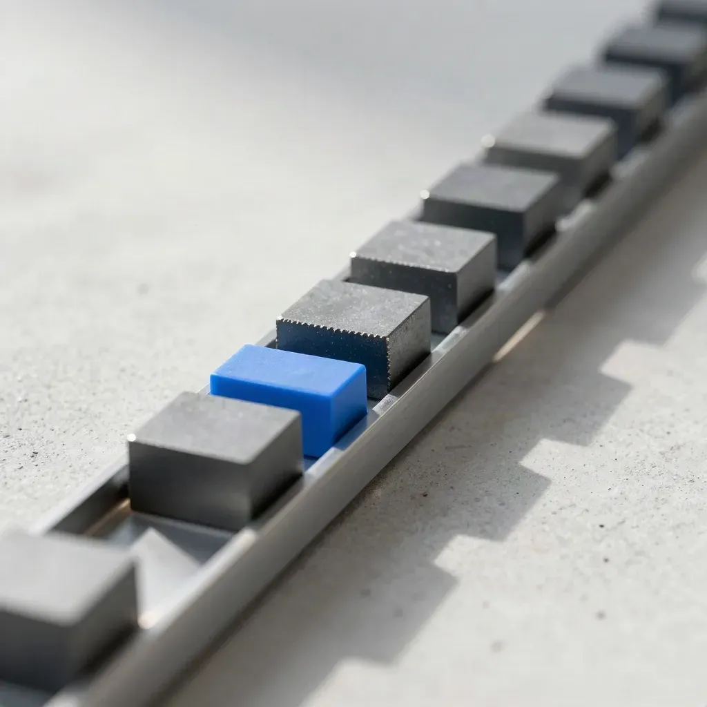 Top-down macro of modular blocks sliding along a groove rail on pale concrete with a blue accent.