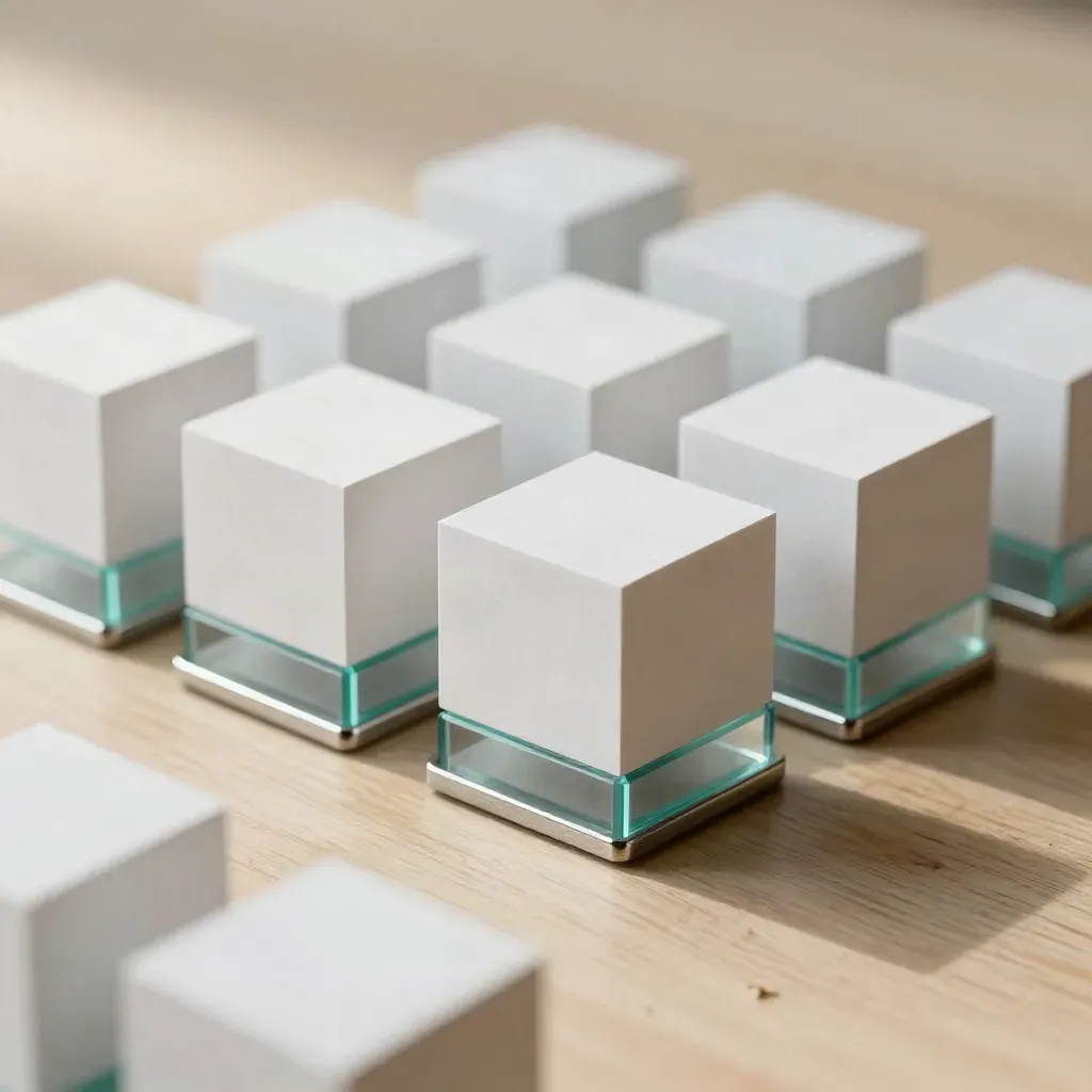 Matte paper cubes, aluminum clips, and frosted glass on pale wood with teal reflection.