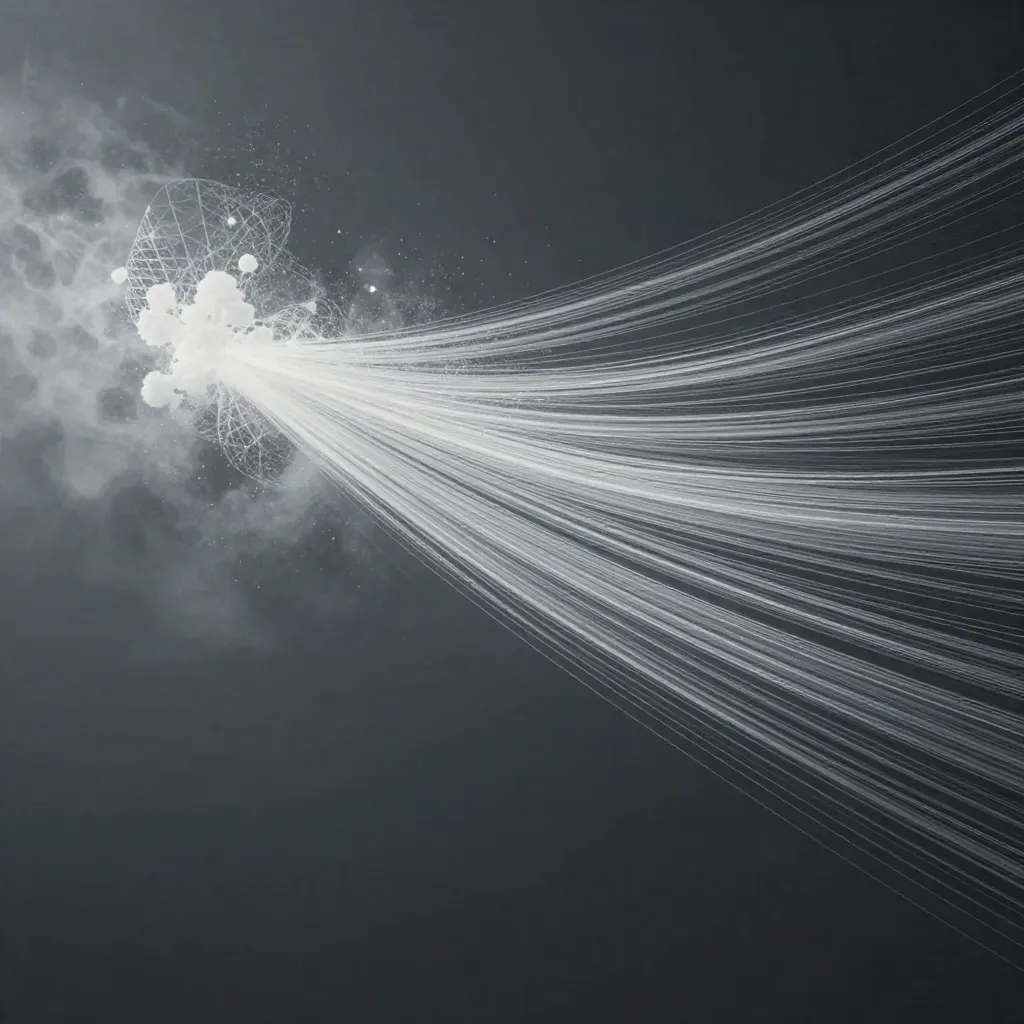 Silver light filaments converge into a soft bloom in deep graphite haze.