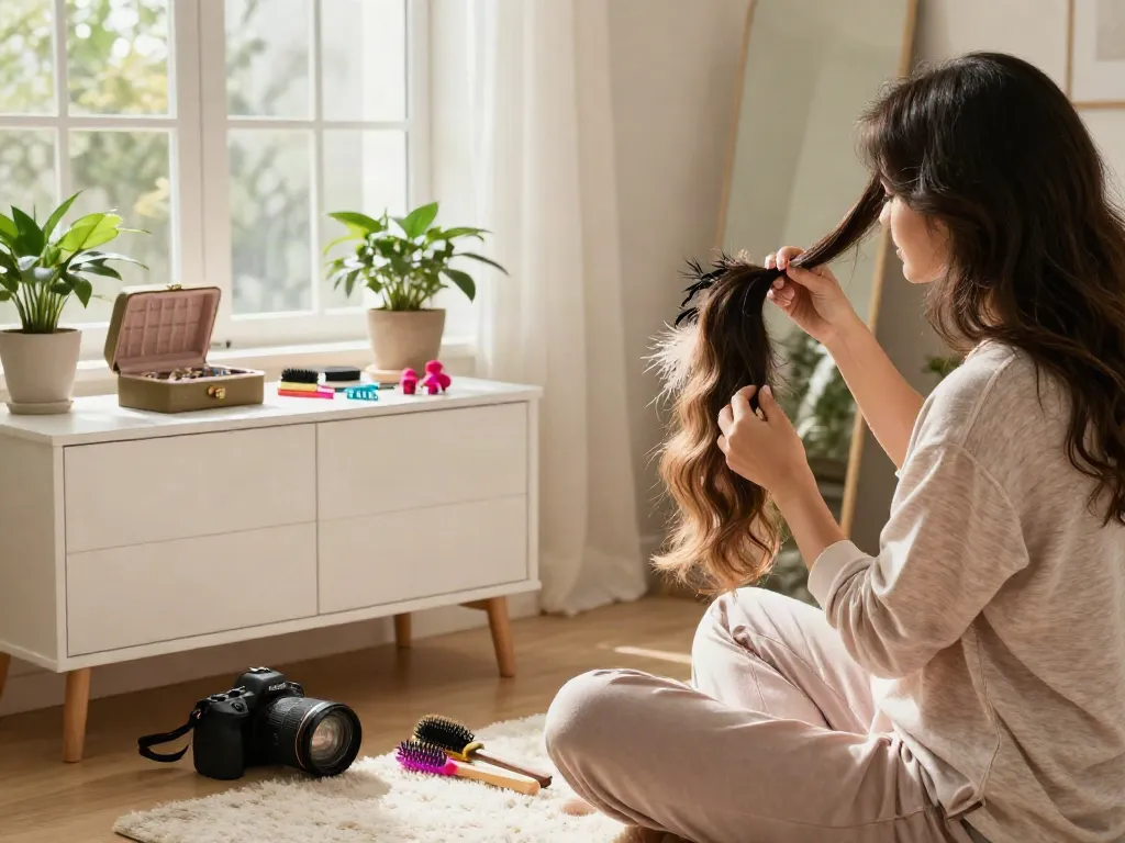 Woman applying feather crochet hair extensions in a cozy bedroom, surrounded by beauty products and natural light.